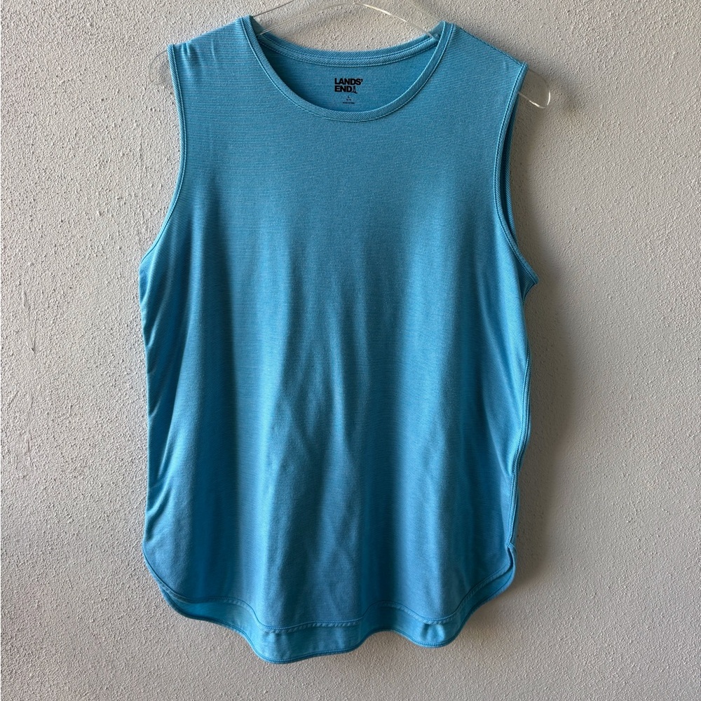 Lands End Large Turquoise Tank Top Pinstripe Casual Summer Beach Vacation Soft